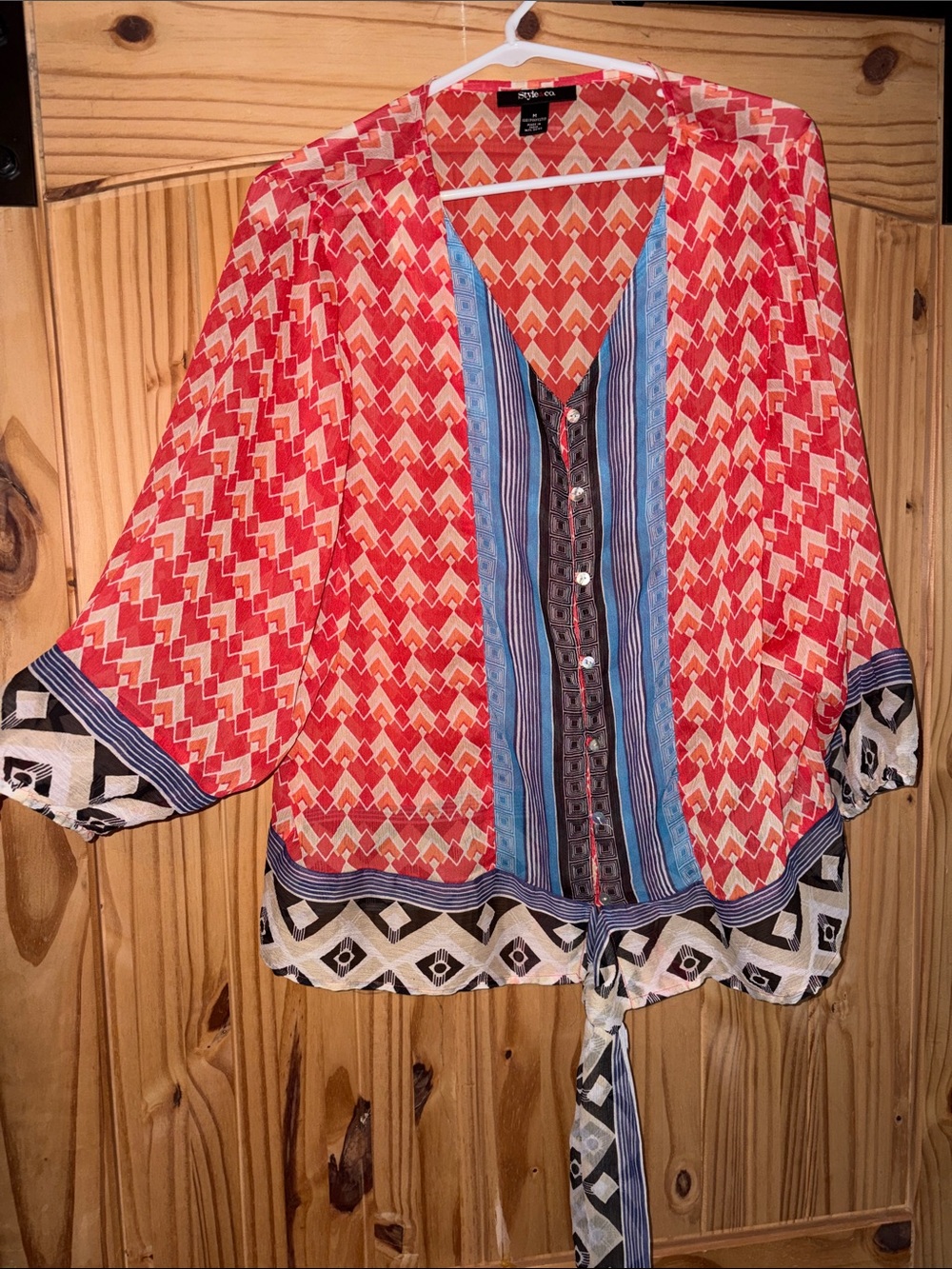 Womens Orange Patterned Button-Front Tie-Hem Sheer Top